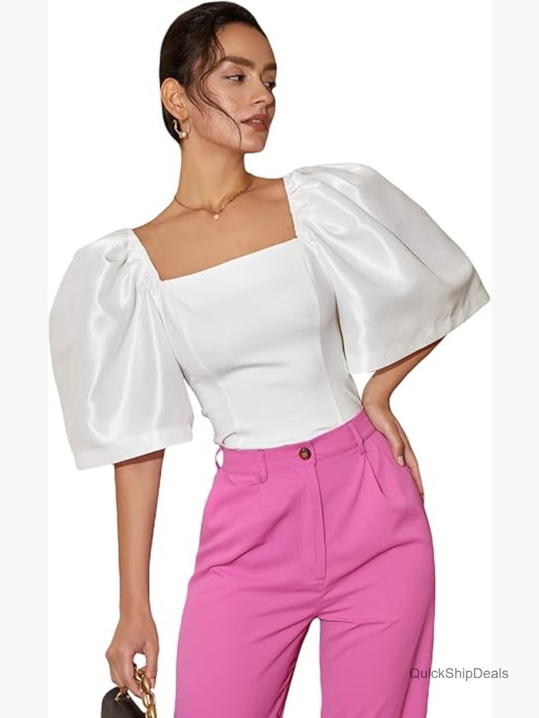 Square Neck Puff Short Sleeve Crop Top Blouse